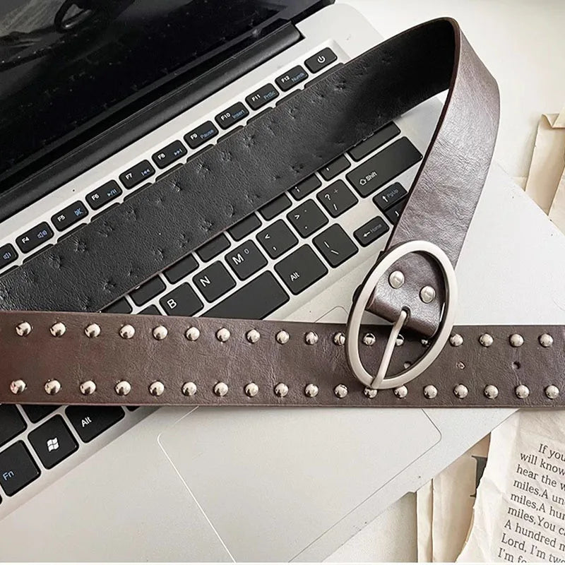 Y2K Studded Rivet Metal Circle Buckle Belt