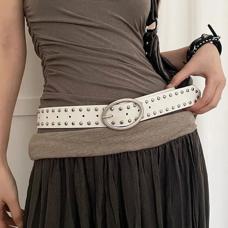 Y2K Studded Rivet Metal Circle Buckle Belt
