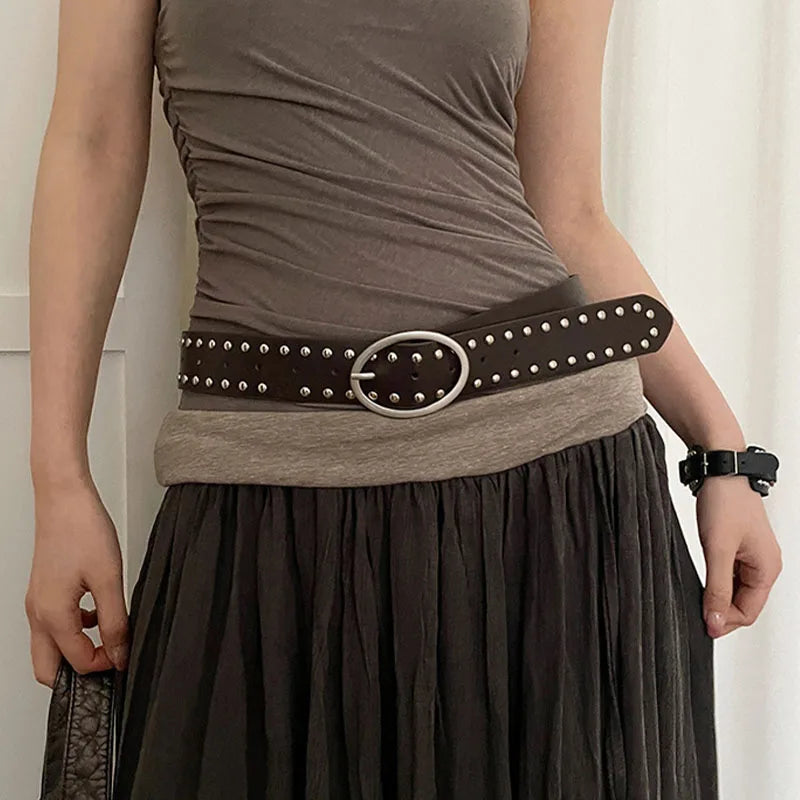 Y2K Studded Rivet Metal Circle Buckle Belt