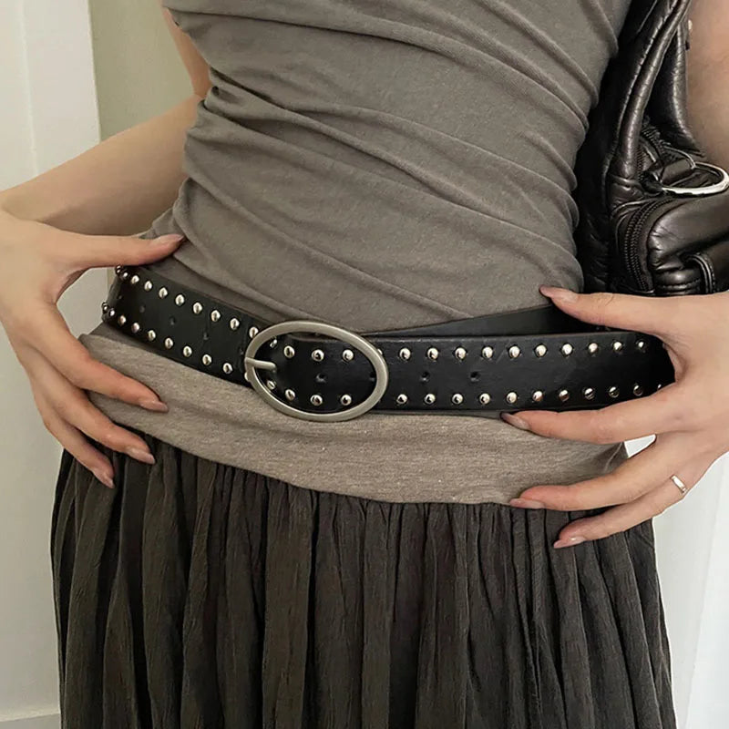 Y2K Studded Rivet Metal Circle Buckle Belt