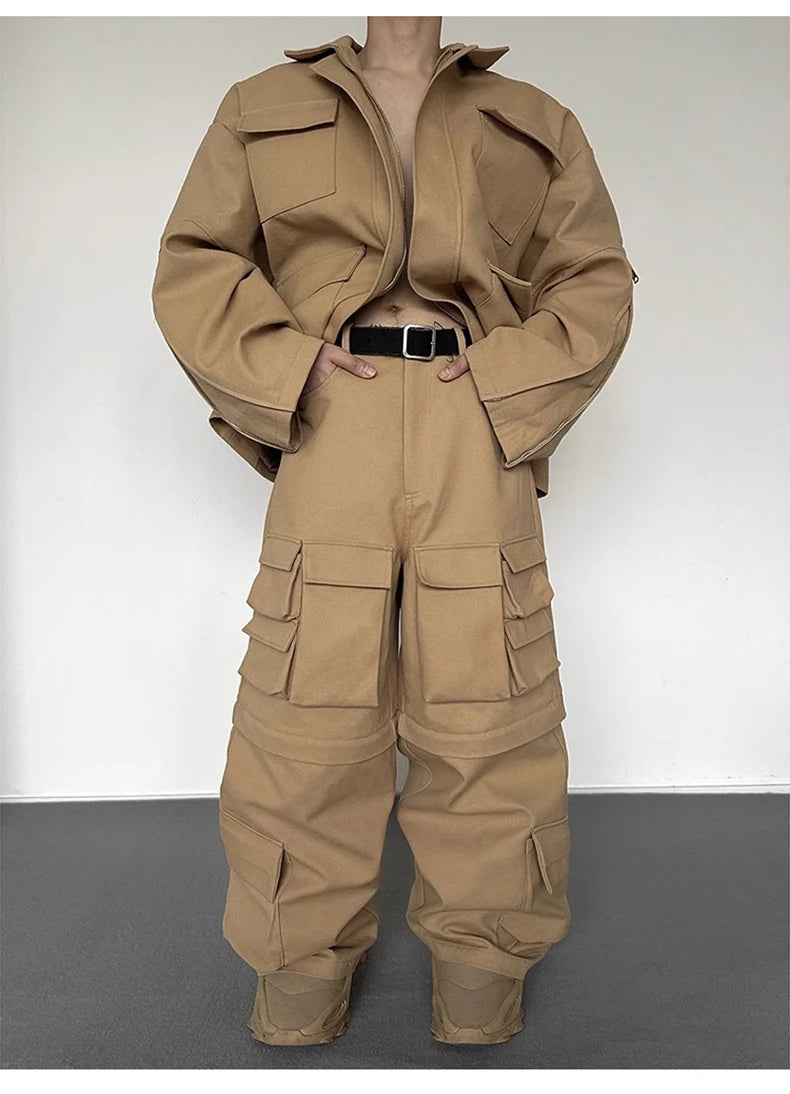 Y2K Super Wide Leg Khaki Zip-Off Cargo Trousers