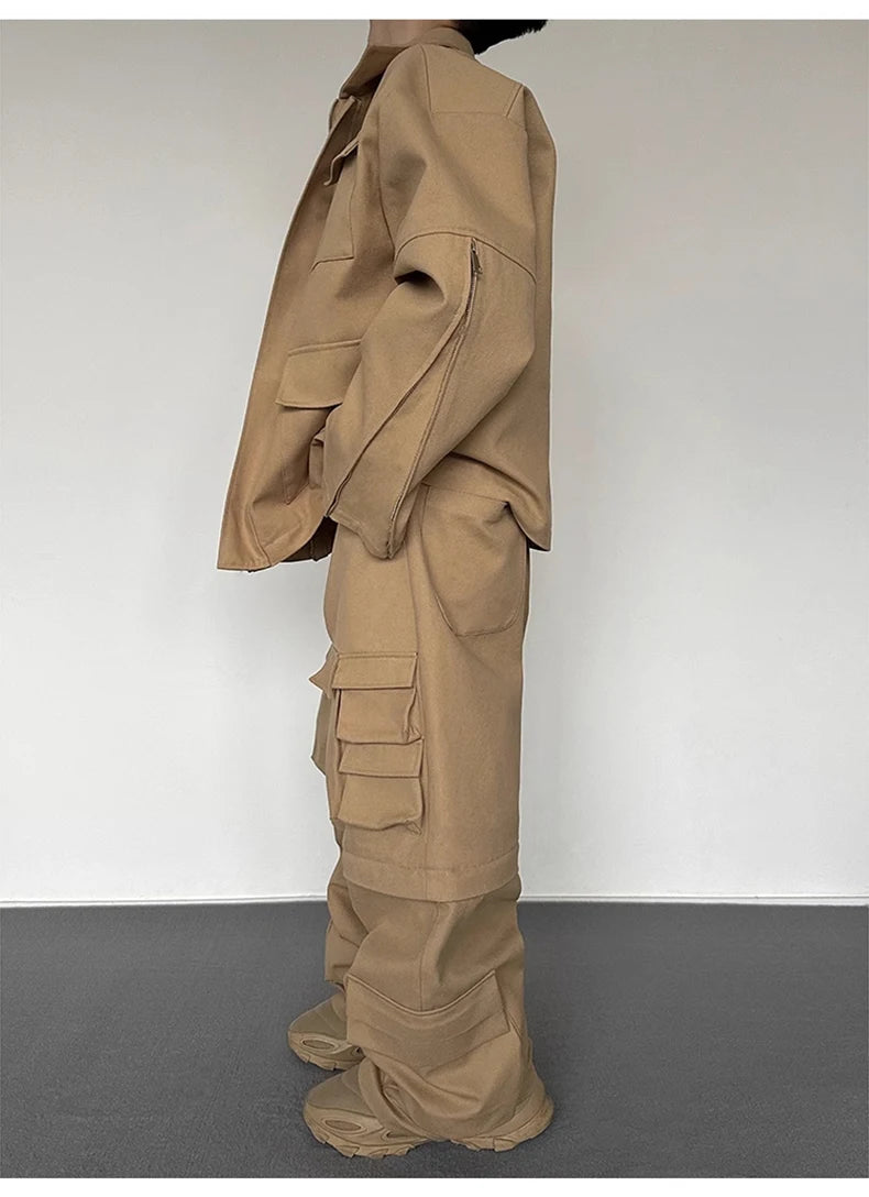 Y2K Super Wide Leg Khaki Zip-Off Cargo Trousers