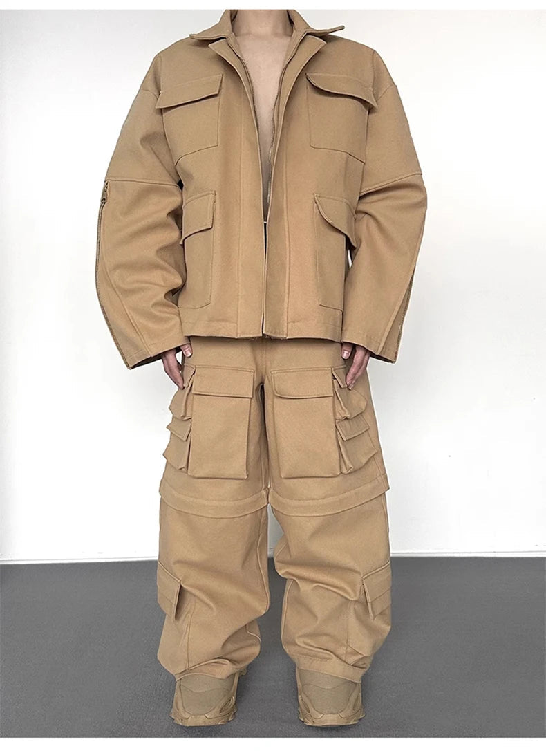 Y2K Super Wide Leg Khaki Zip-Off Cargo Trousers