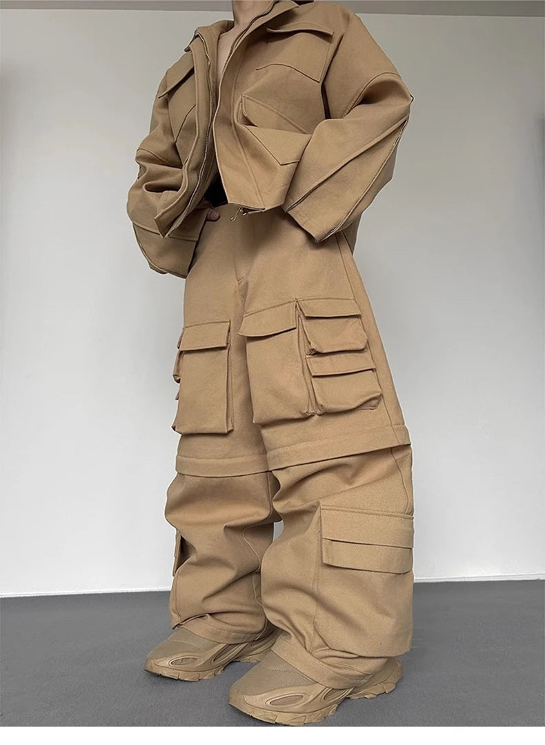 Y2K Super Wide Leg Khaki Zip-Off Cargo Trousers