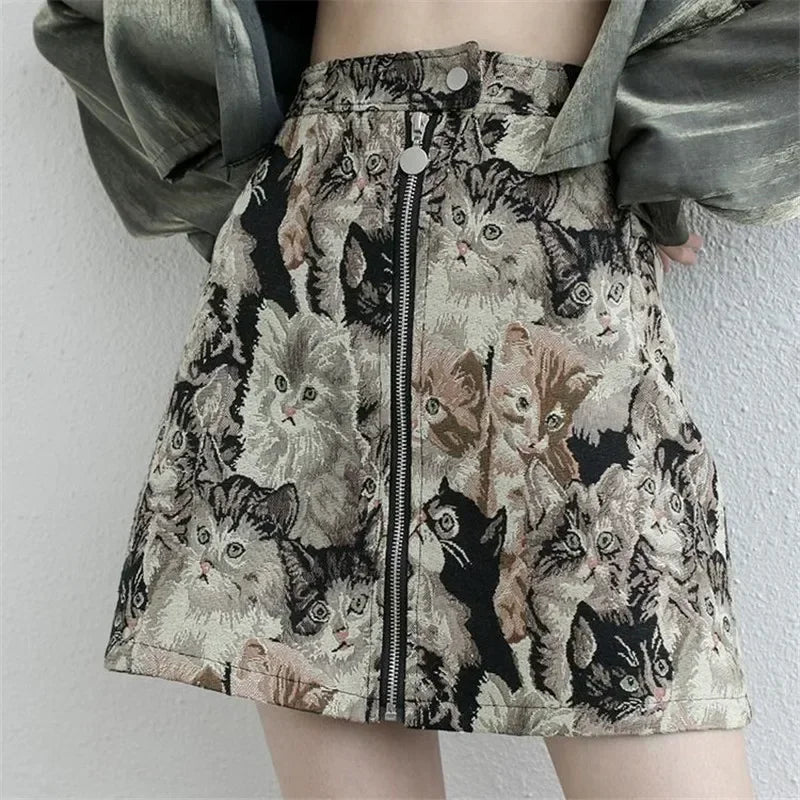 Y2K Sweet Cat Print A Line High Waist Mini Skirt