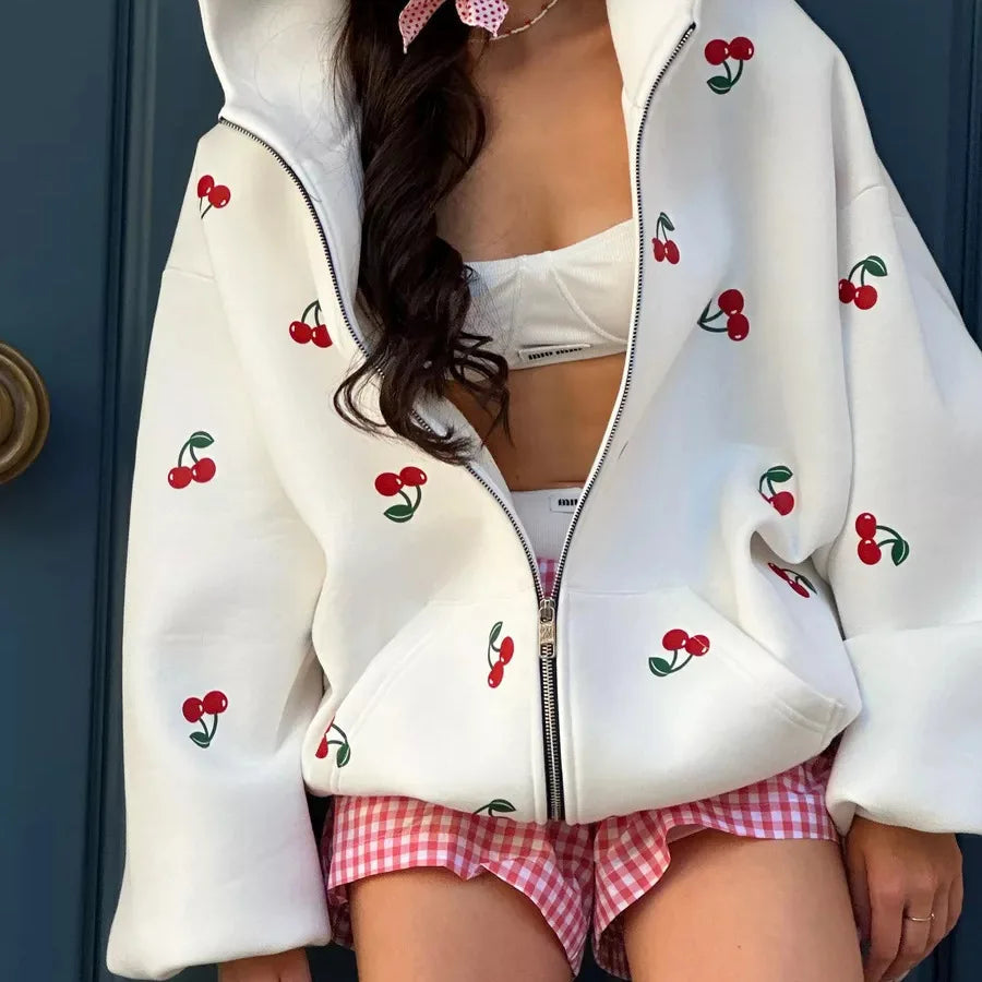 Y2K Sweet Cherry Print White Baggy Full Zip Up Hooded Jumper