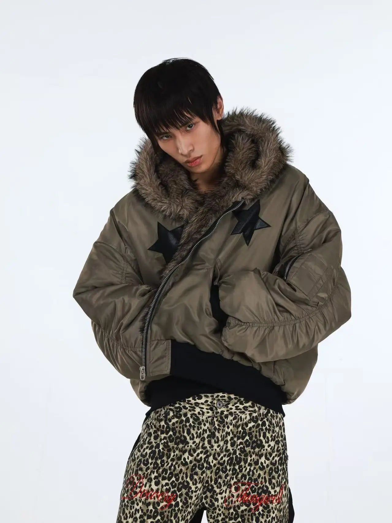 Y2K "THE STAR" Faux Fur Lined Bomber Jacket
