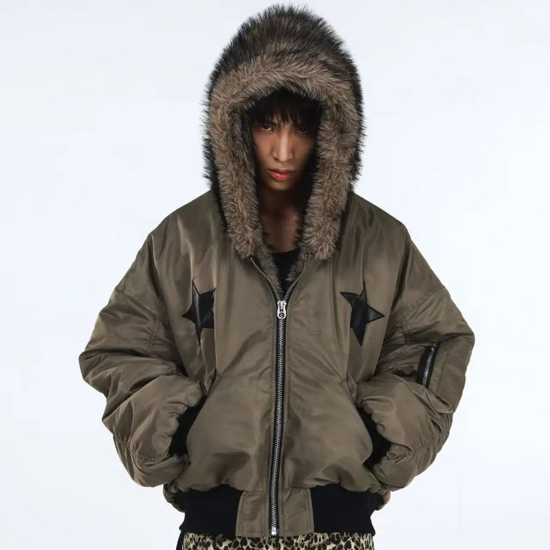 Y2K "THE STAR" Faux Fur Lined Bomber Jacket