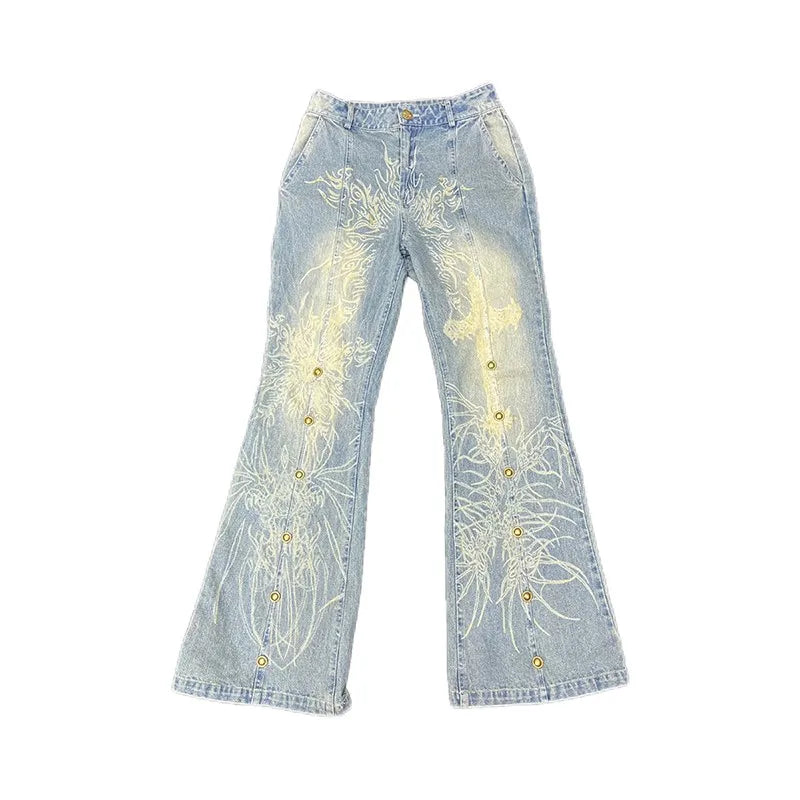 Y2K Tattoo Print Vintage Distressed Flare Jean