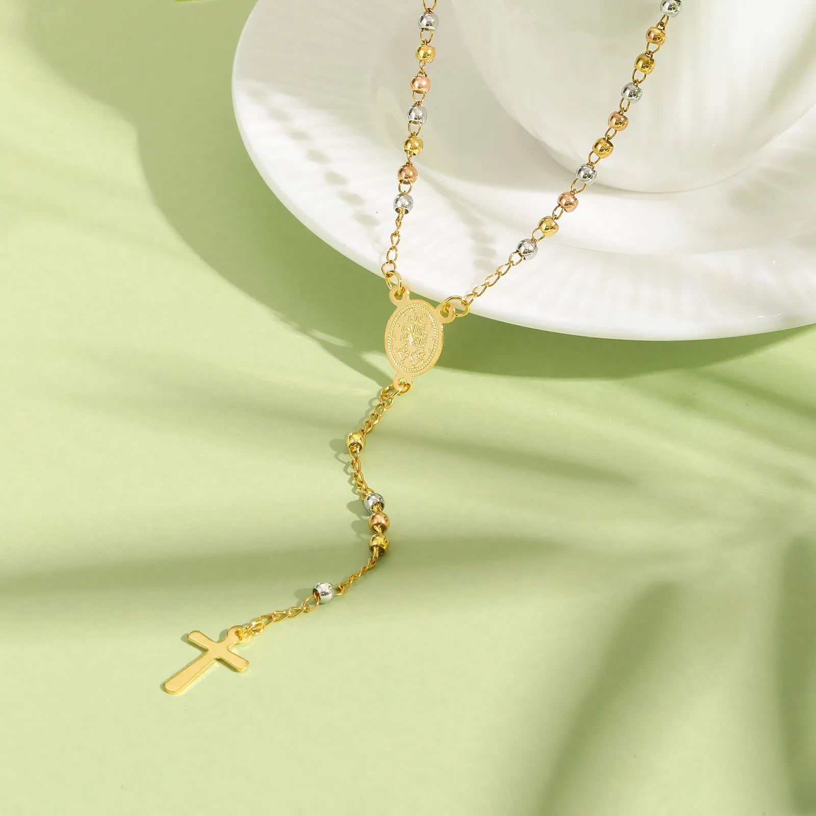 Y2K Three Color Beaded Cross Pendant Necklace