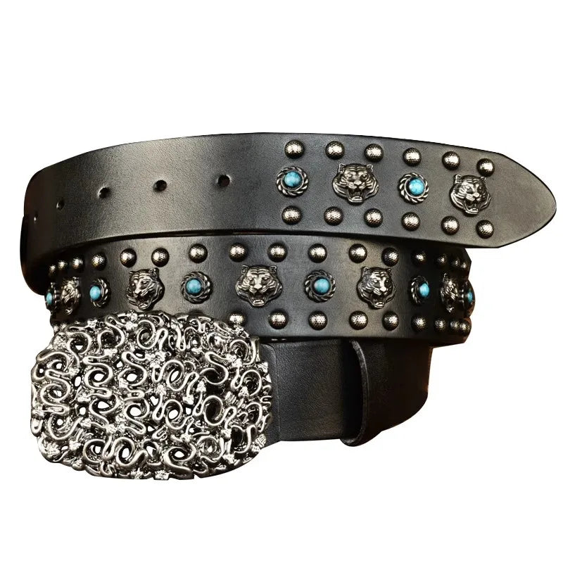 Y2K Tiger Locomotive Blue Stud Genuine Leather Belt