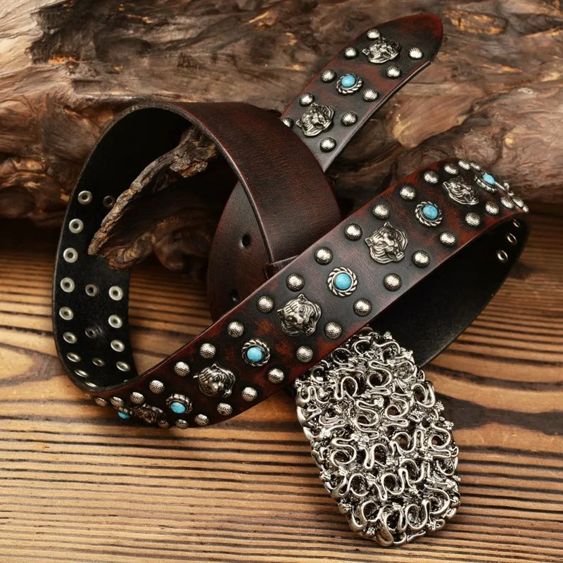 Y2K Tiger Locomotive Blue Stud Genuine Leather Belt