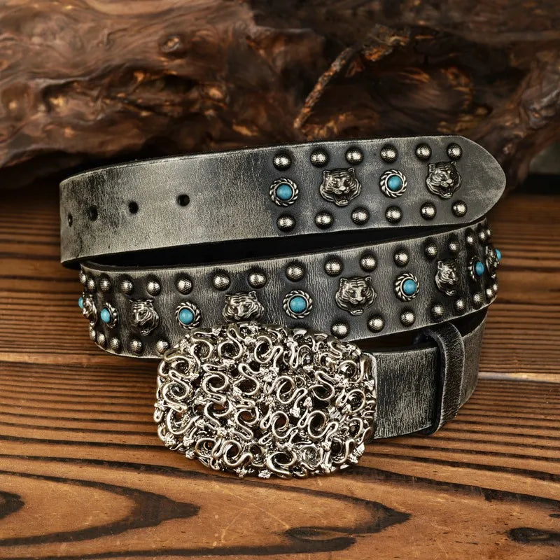 Y2K Tiger Locomotive Blue Stud Genuine Leather Belt