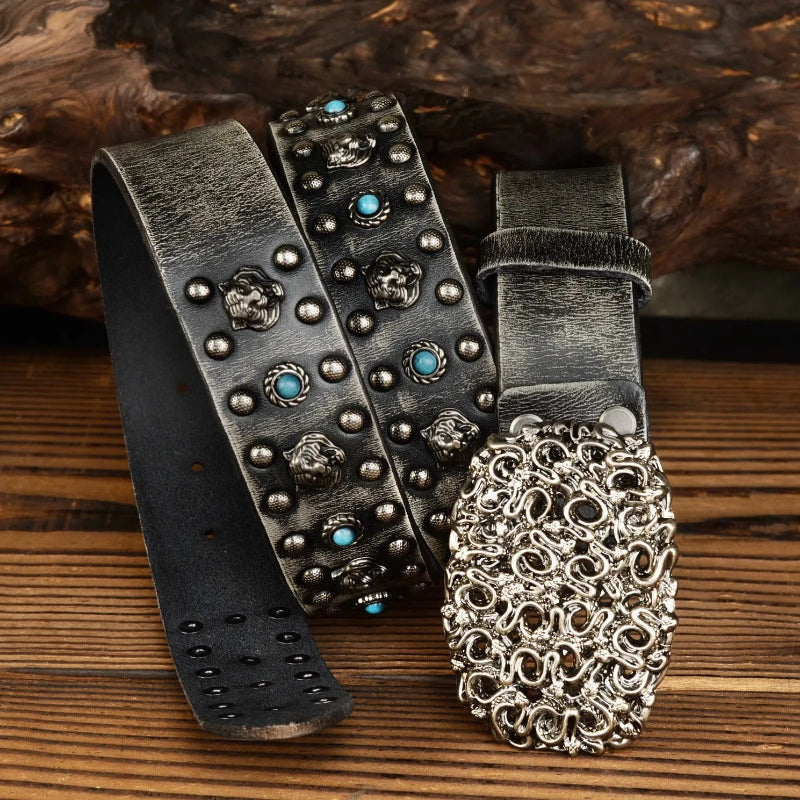 Y2K Tiger Locomotive Blue Stud Genuine Leather Belt