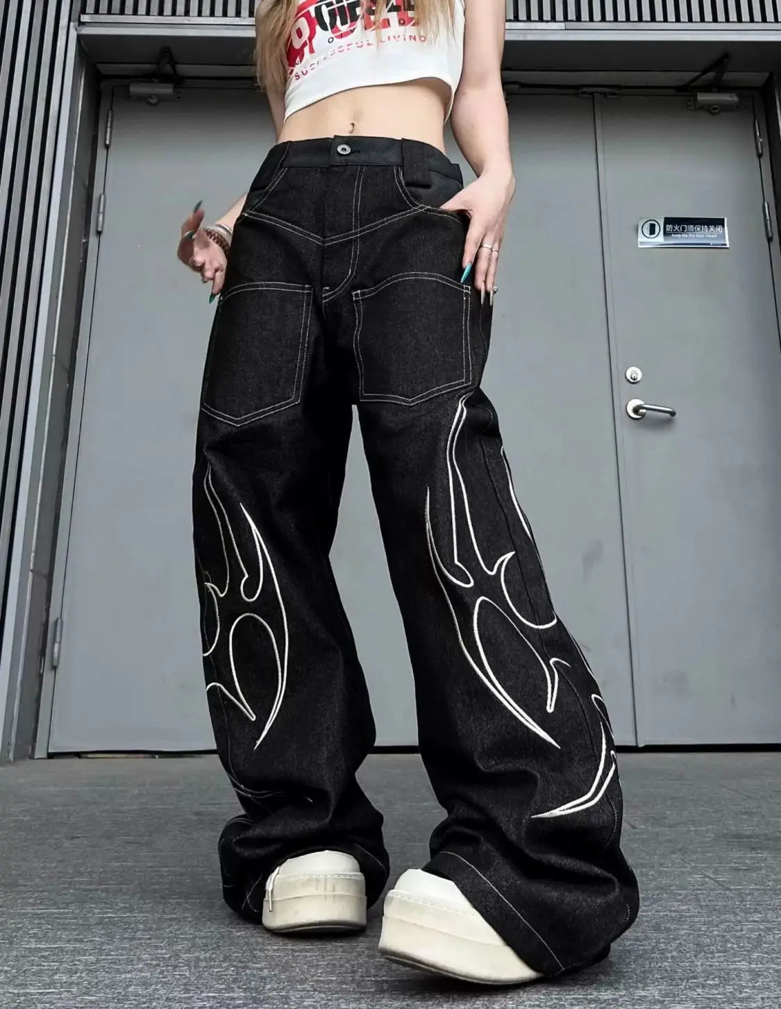 Y2K Totem Print Graphic Wide Leg Baggy Jeans
