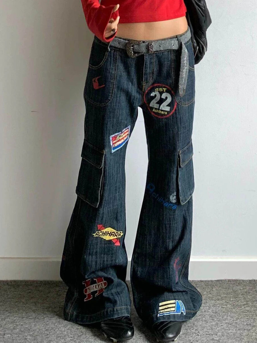 Y2K Tour Team Stamps Distressed Denim Cargo Flared Jeans