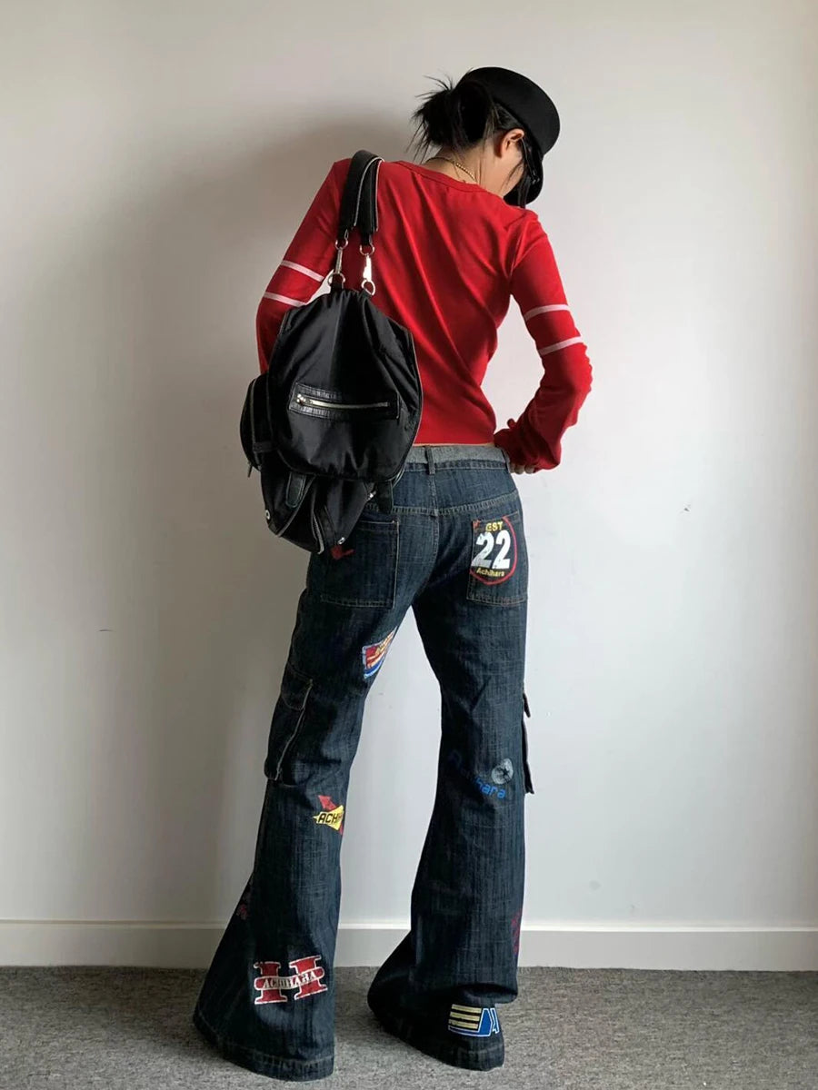 Y2K Tour Team Stamps Distressed Denim Cargo Flared Jeans