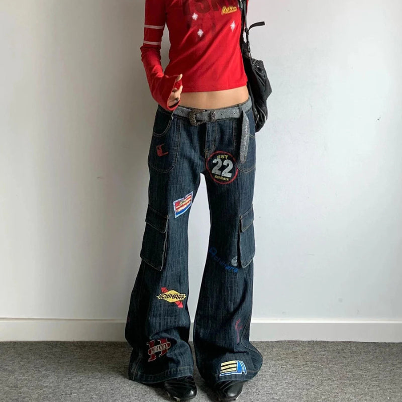 Y2K Tour Team Stamps Distressed Denim Cargo Flared Jeans