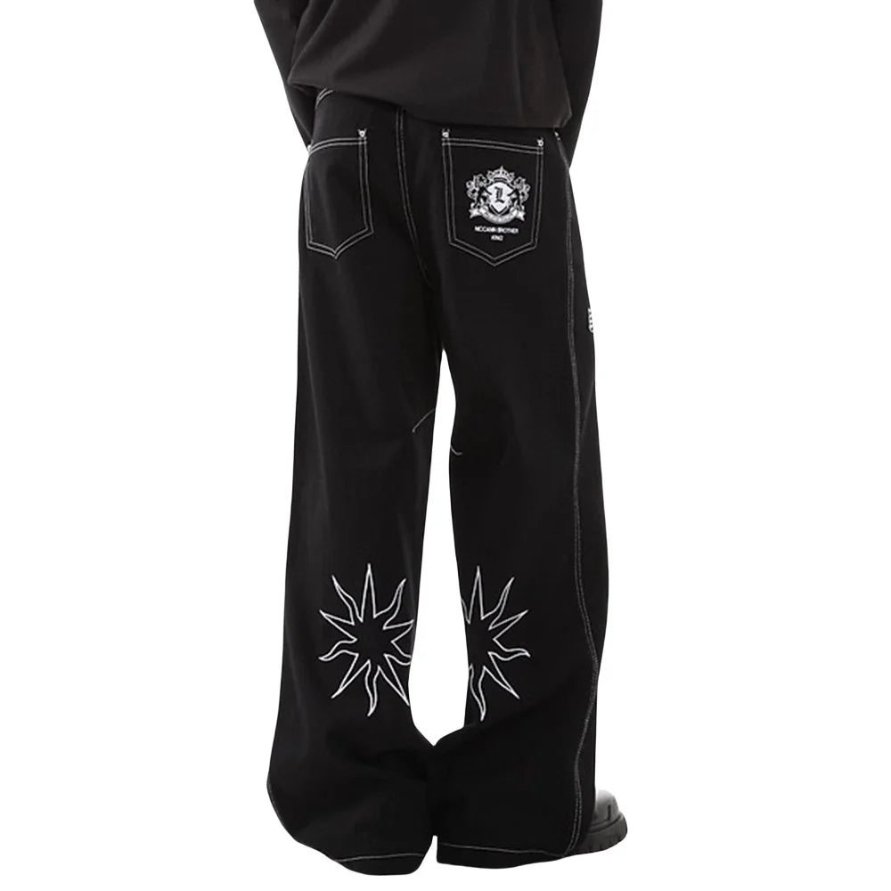 Y2K Two Lions Embroidered Graphic Denim Jeans