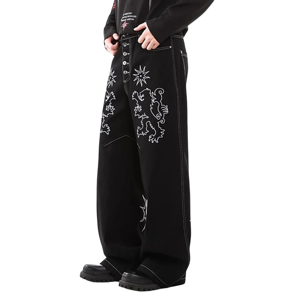 Y2K Two Lions Embroidered Graphic Denim Jeans