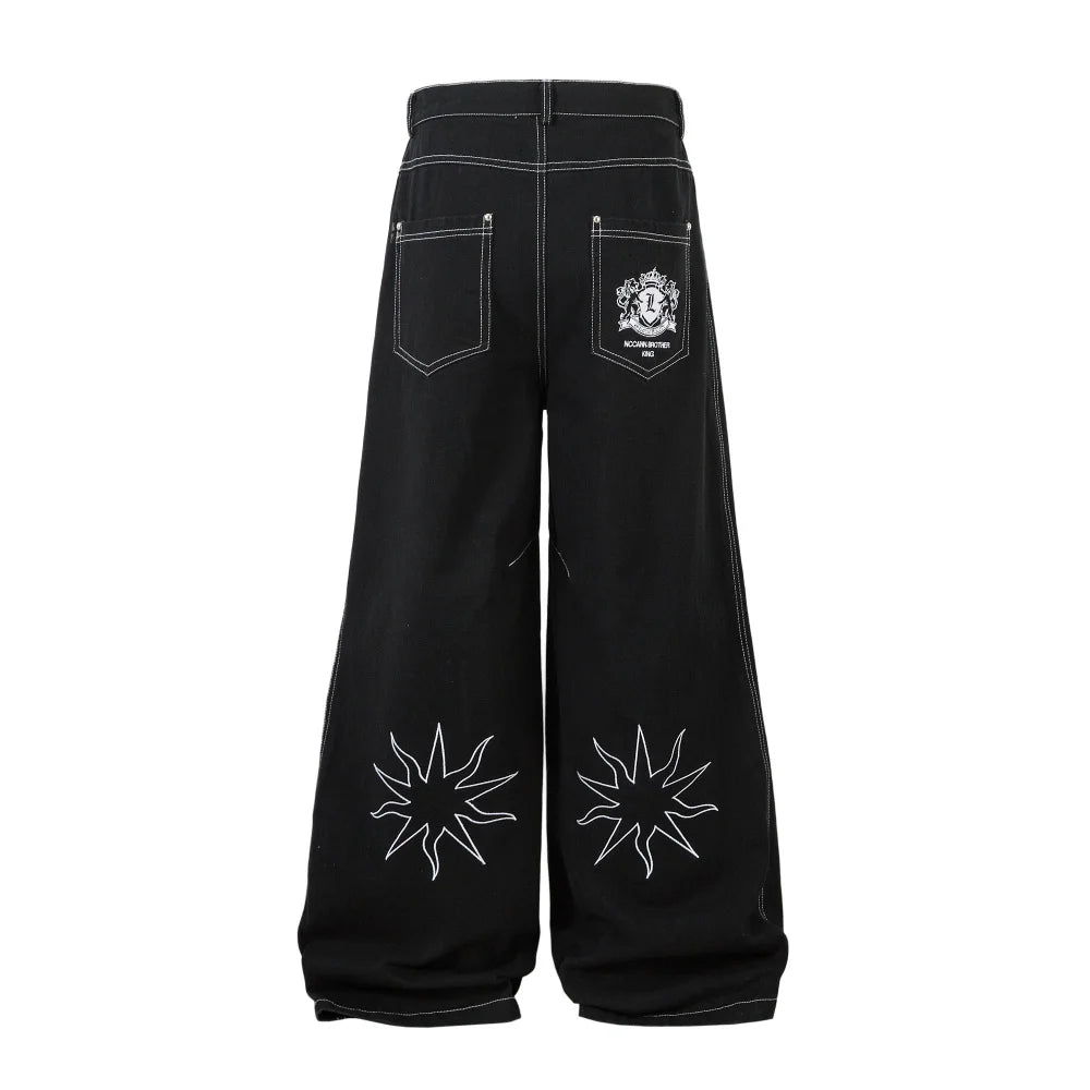 Y2K Two Lions Embroidered Graphic Denim Jeans