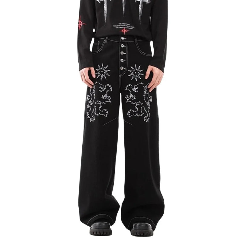 Y2K Two Lions Embroidered Graphic Denim Jeans
