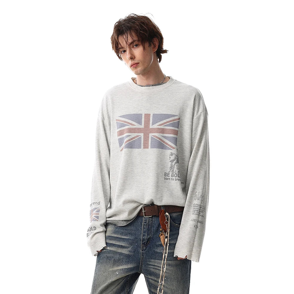 Y2K Union Jack Retro Waffle Texture Long Sleeve Top