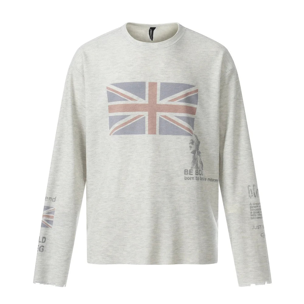 Y2K Union Jack Retro Waffle Texture Long Sleeve Top