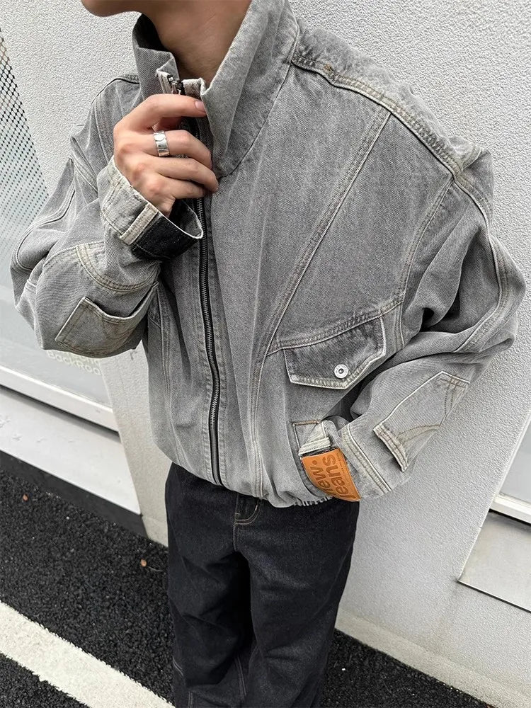 Y2K Upside Down Patchwork Zip Up Denim Jacket