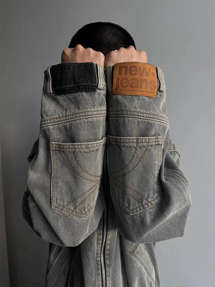 Y2K Upside Down Patchwork Zip Up Denim Jacket