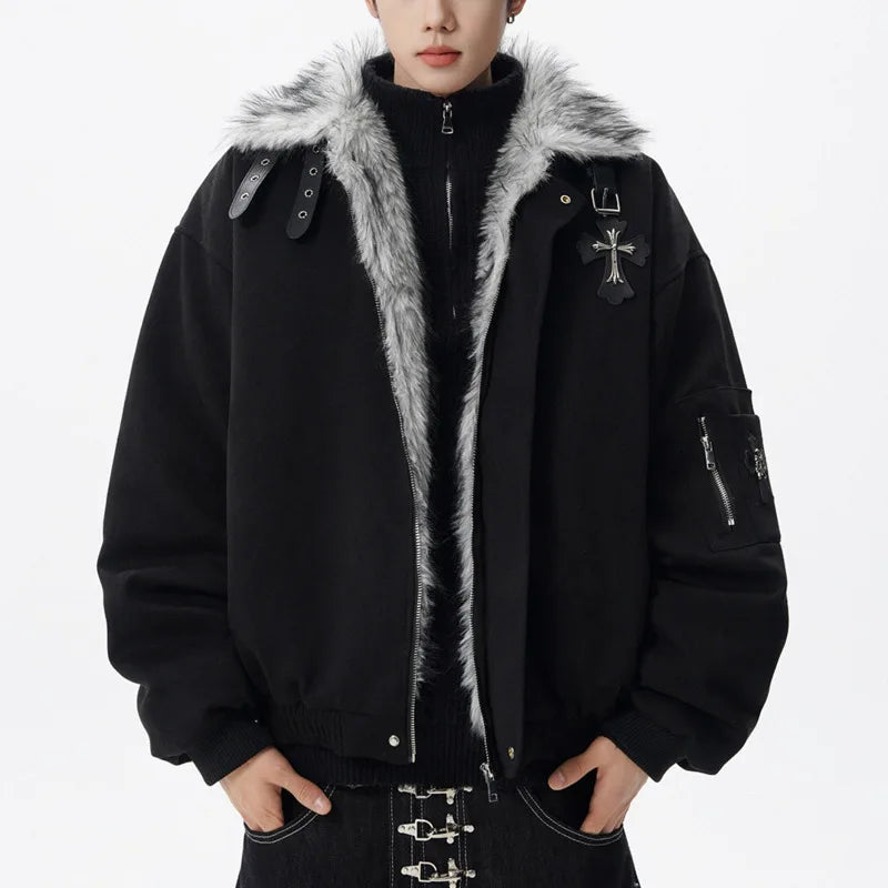 Y2K Versatile Faux Fur Collar Thick Cotton Jacket Coat