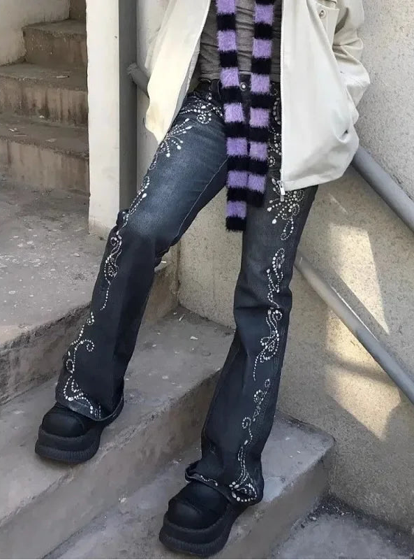 Y2K Vintage Aesthetic Print Flared Bootcut Jeans