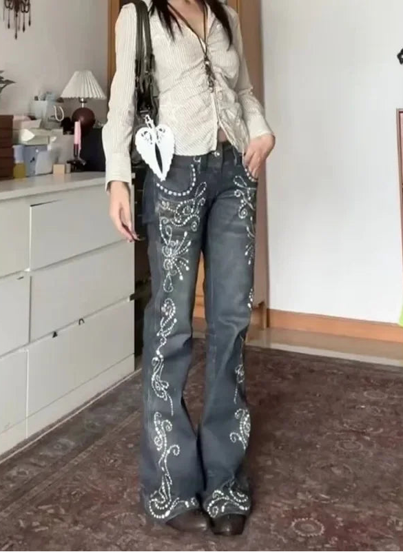 Y2K Vintage Aesthetic Print Flared Bootcut Jeans