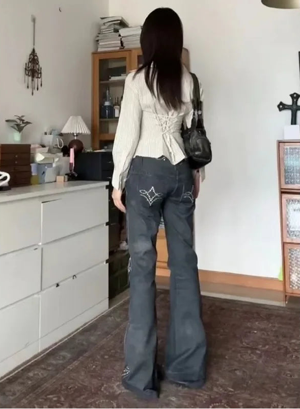 Y2K Vintage Aesthetic Print Flared Bootcut Jeans