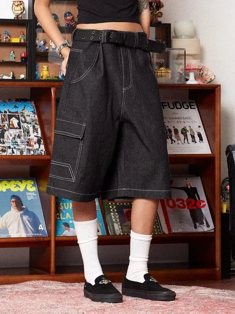 Y2K Vintage Black Baggy Denim Cargo Jean Shorts Jorts