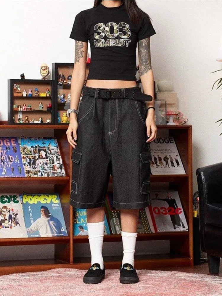 Y2K Vintage Black Baggy Denim Cargo Jean Shorts Jorts