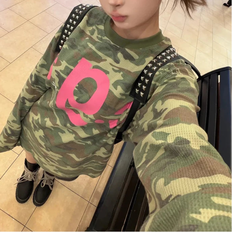 Y2K Vintage Camouflage Women Waffle Knit Long Sleeve Top