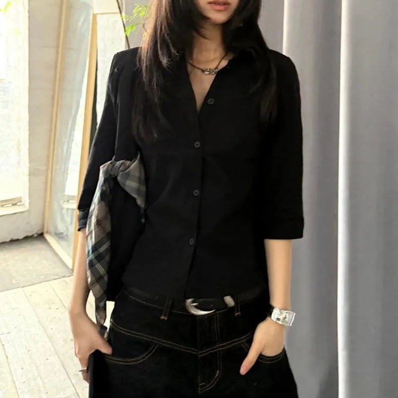 Y2K Vintage Casual Three Quarter Button Up Shirt