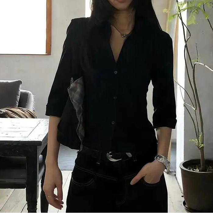 Y2K Vintage Casual Three Quarter Button Up Shirt
