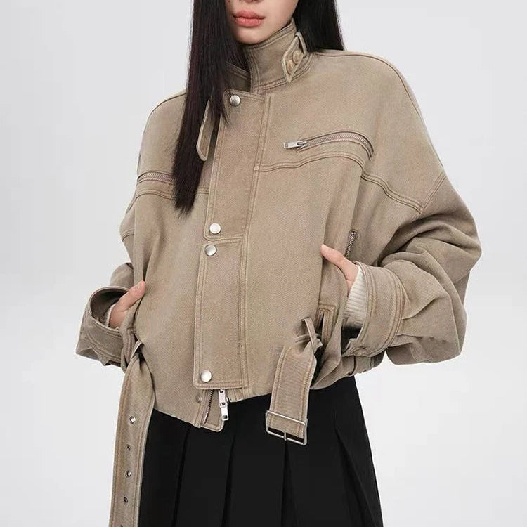 Y2K Vintage Crop Cargo Stand Collar Jacket