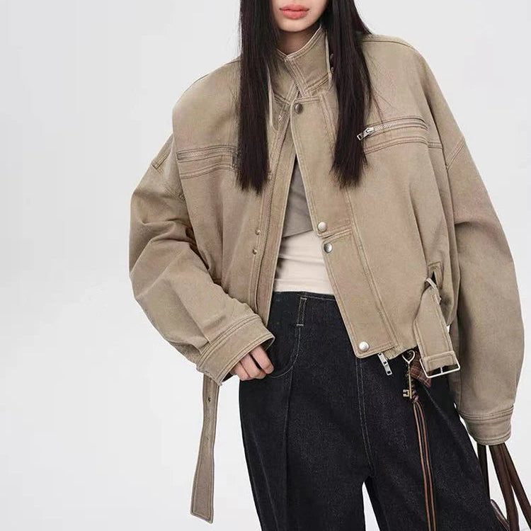 Y2K Vintage Crop Cargo Stand Collar Jacket