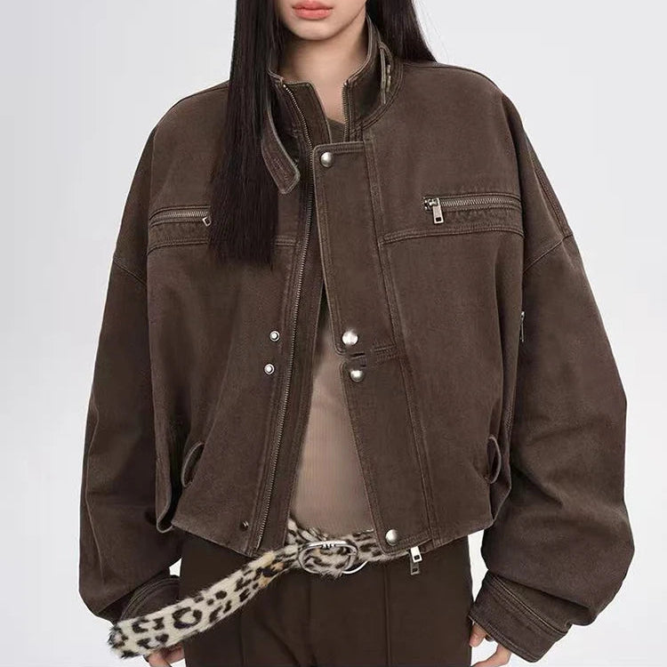 Y2K Vintage Crop Cargo Stand Collar Jacket