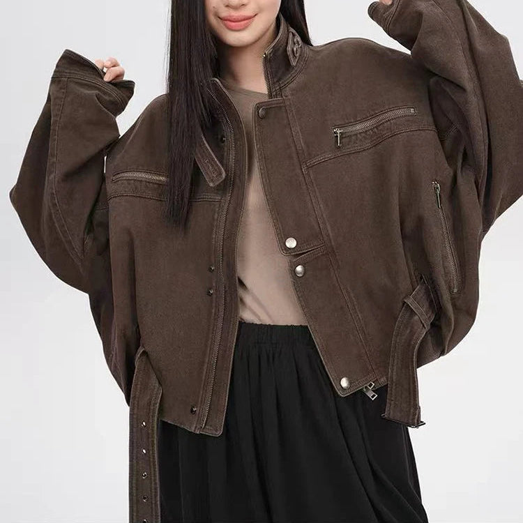 Y2K Vintage Crop Cargo Stand Collar Jacket