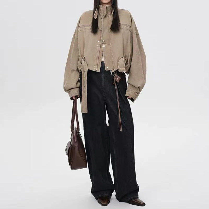 Y2K Vintage Crop Cargo Stand Collar Jacket