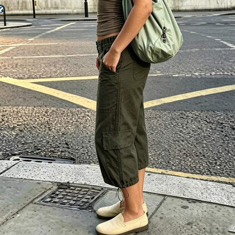 Y2K Vintage Drawstring Hem Cropped Low Waist Cargo Capri Trousers