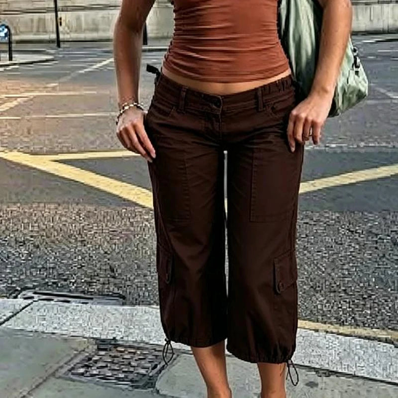 Y2K Vintage Drawstring Hem Cropped Low Waist Cargo Capri Trousers
