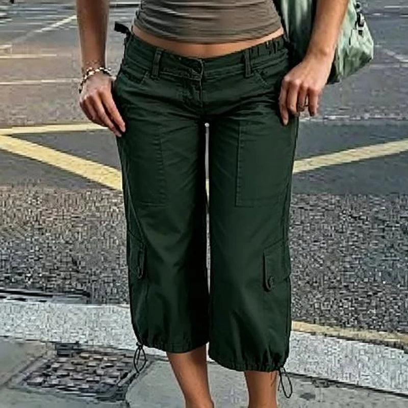Y2K Vintage Drawstring Hem Cropped Low Waist Cargo Capri Trousers