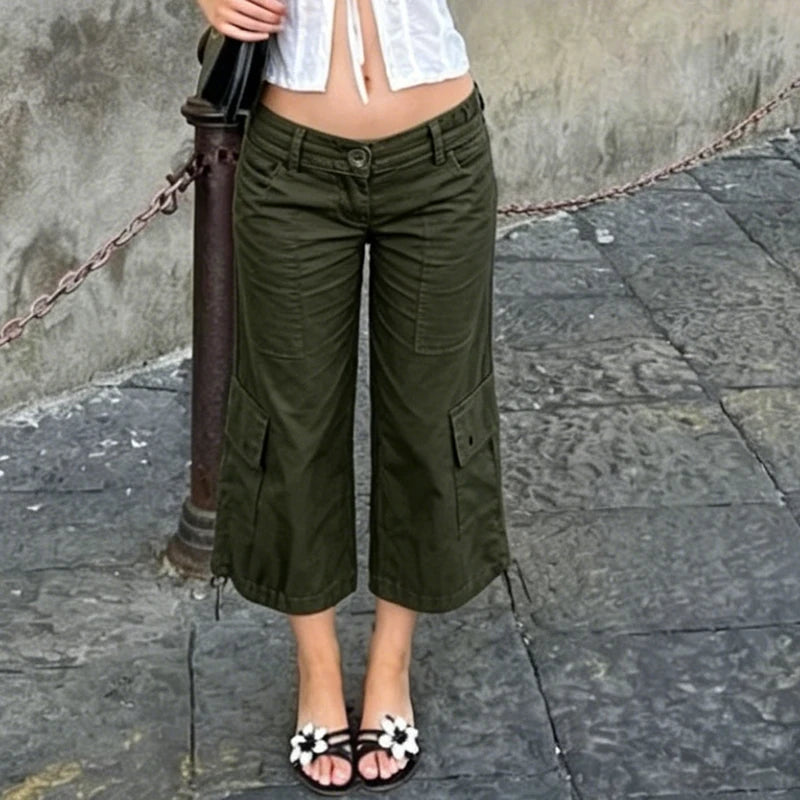 Y2K Vintage Drawstring Hem Cropped Low Waist Cargo Capri Trousers