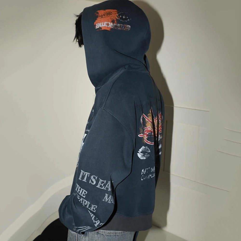 Y2K Vintage Graffiti Graphic Zip UpHoodie