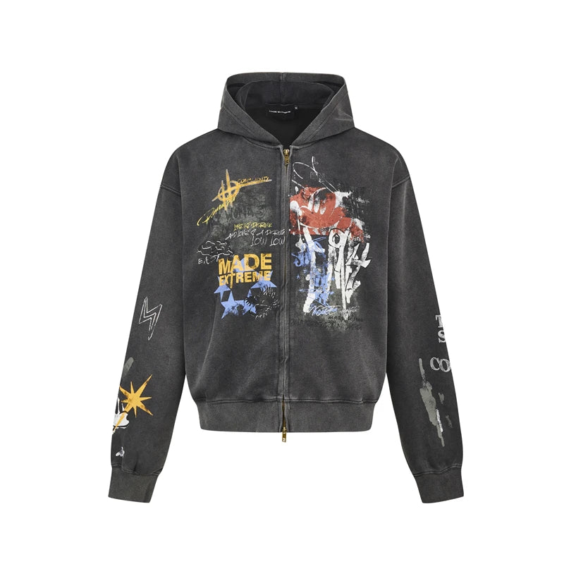 Y2K Vintage Graffiti Graphic Zip UpHoodie